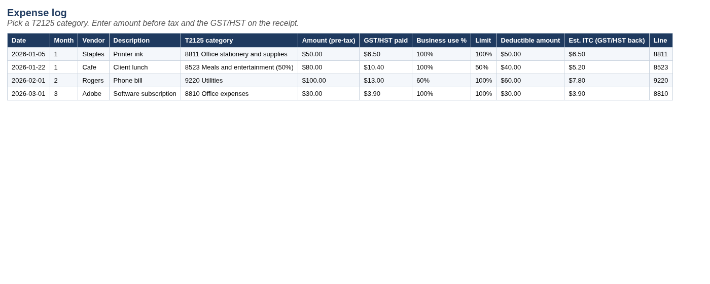 Expense log tab with T2125 categories